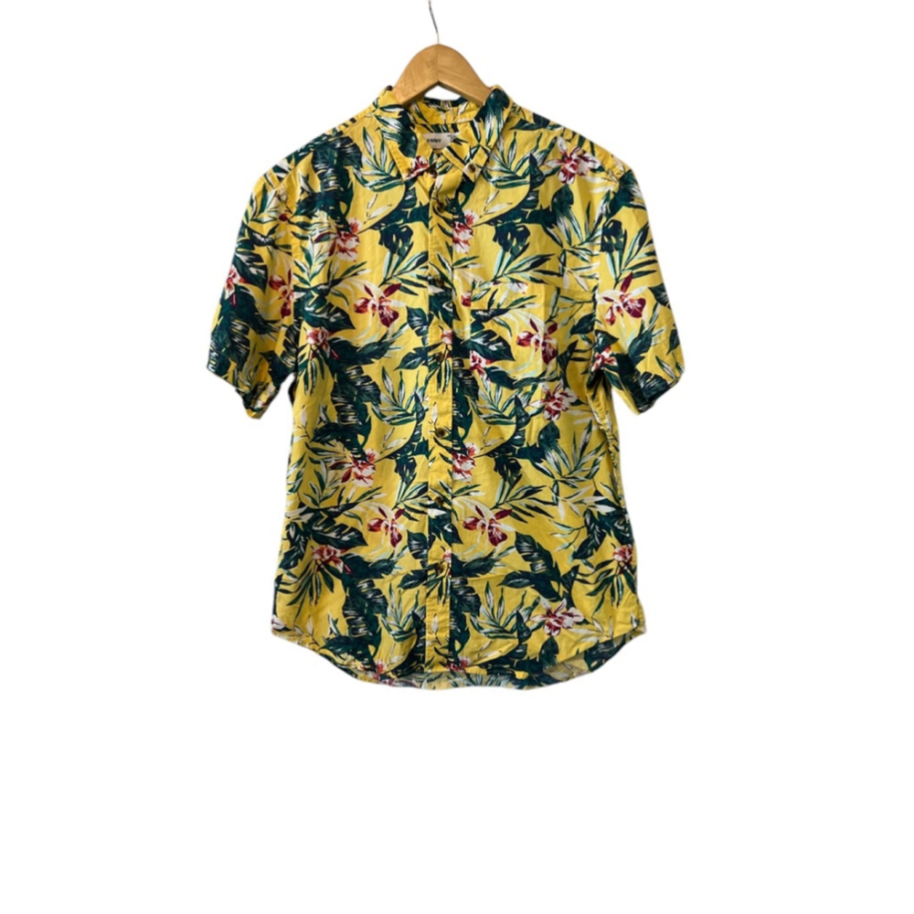 Old Navy Tropical Hawaiian Floral Button Up Shirt Yellow Large Slim Fit - Picture 2 of 10